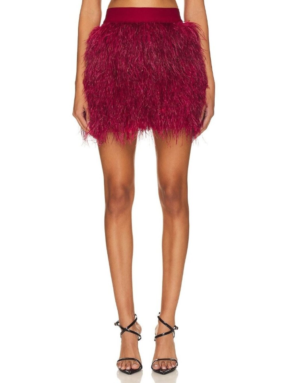 Alice + Olivia Cina Women's Ostrich Feather High Waist Miniskirt Bordeux Size 2